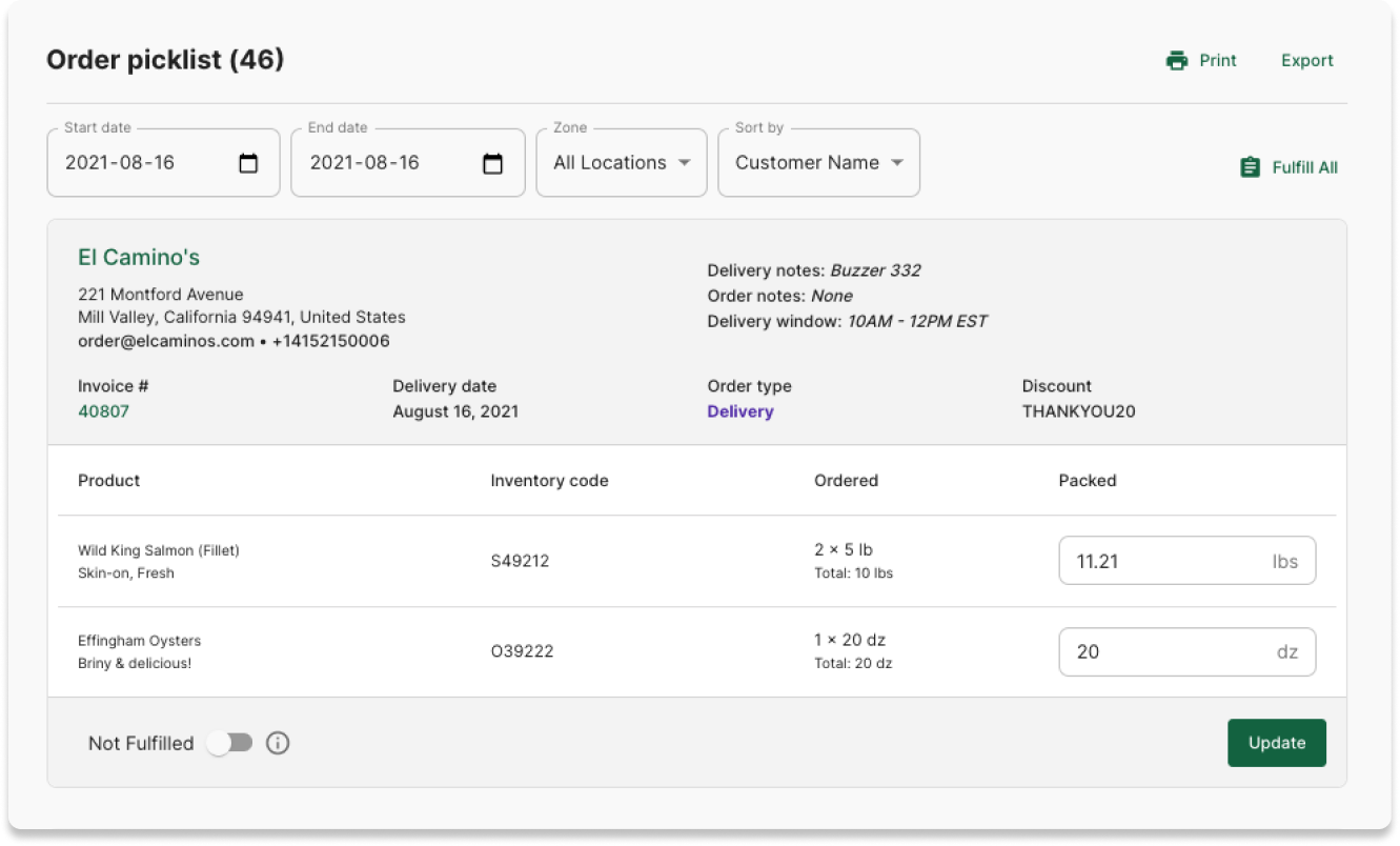 Order picklist screenshot